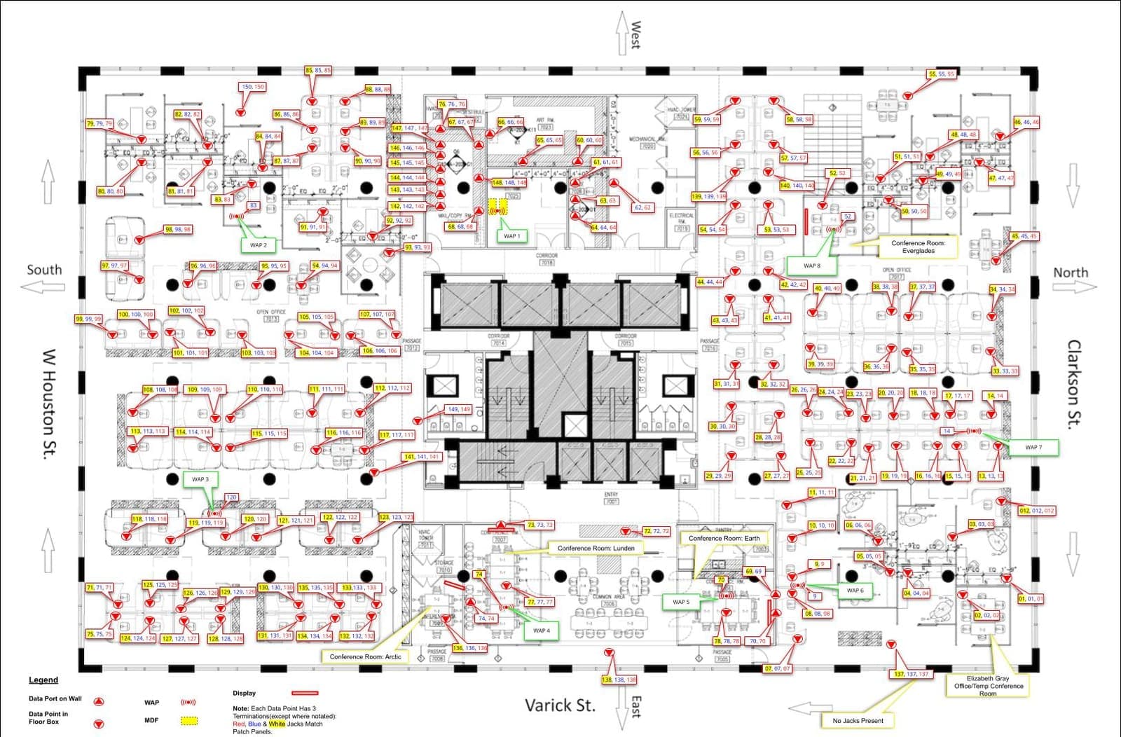 Annotated floor plan of the organization's NYC headquarters showing access point locations and patch panel port assignments