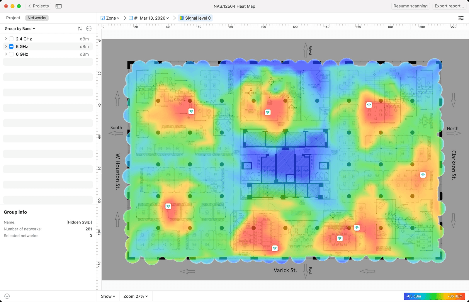 NetSpot 5GHz heat map with adjusted gradient showing weaker coverage in the southwest corner of the floor