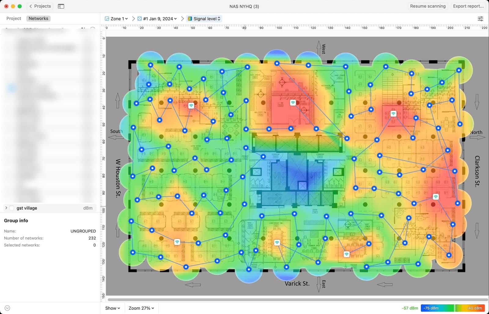 NetSpot 2.4GHz raw signal strength heat map showing broadly adequate coverage across the floor