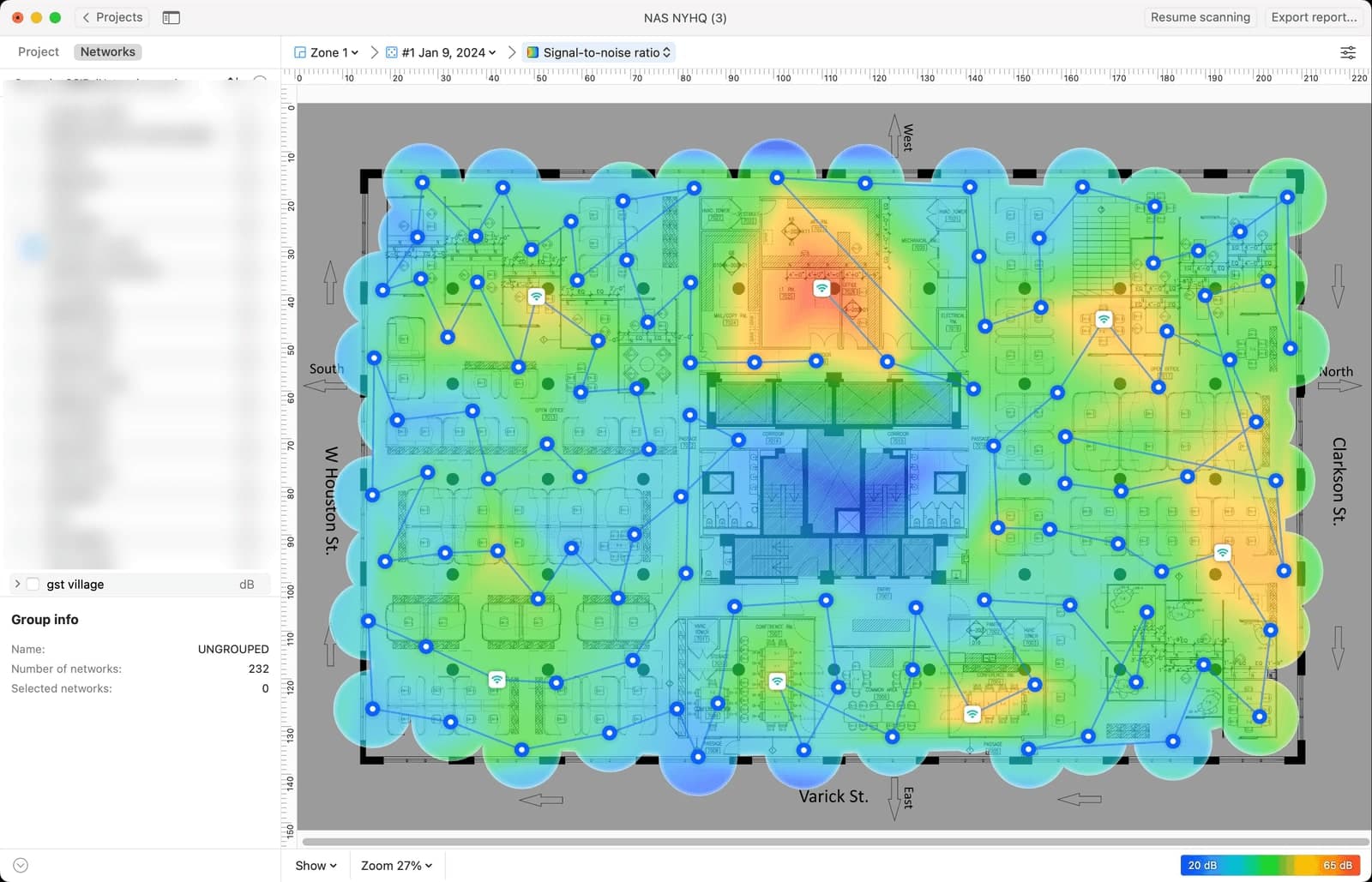 NetSpot 2.4GHz signal-to-noise ratio heat map showing poor SNR across the entire floor despite adequate raw signal