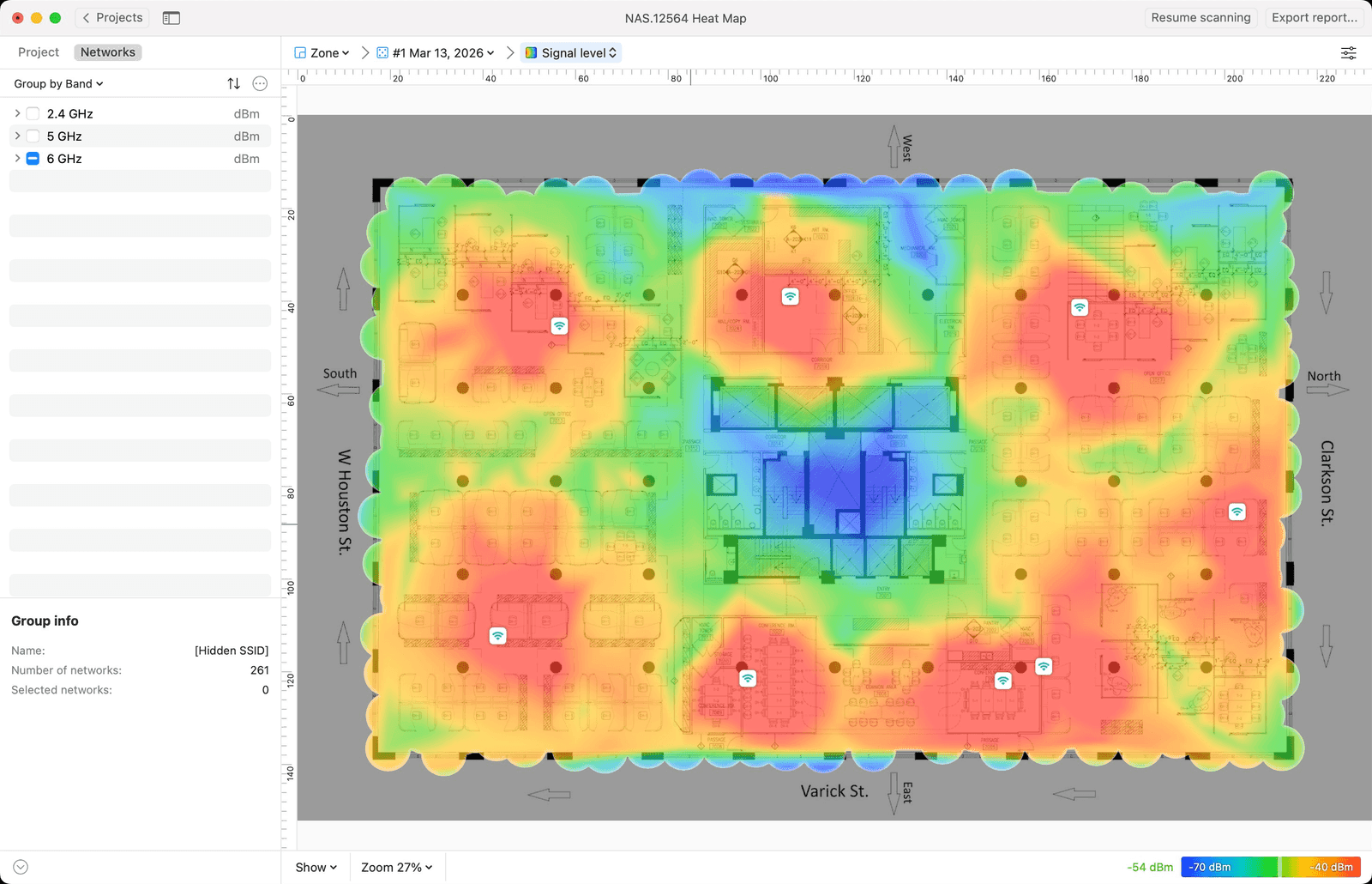 NetSpot 6GHz heat map showing strong, uniform coverage across the entire floor with near-zero external interference