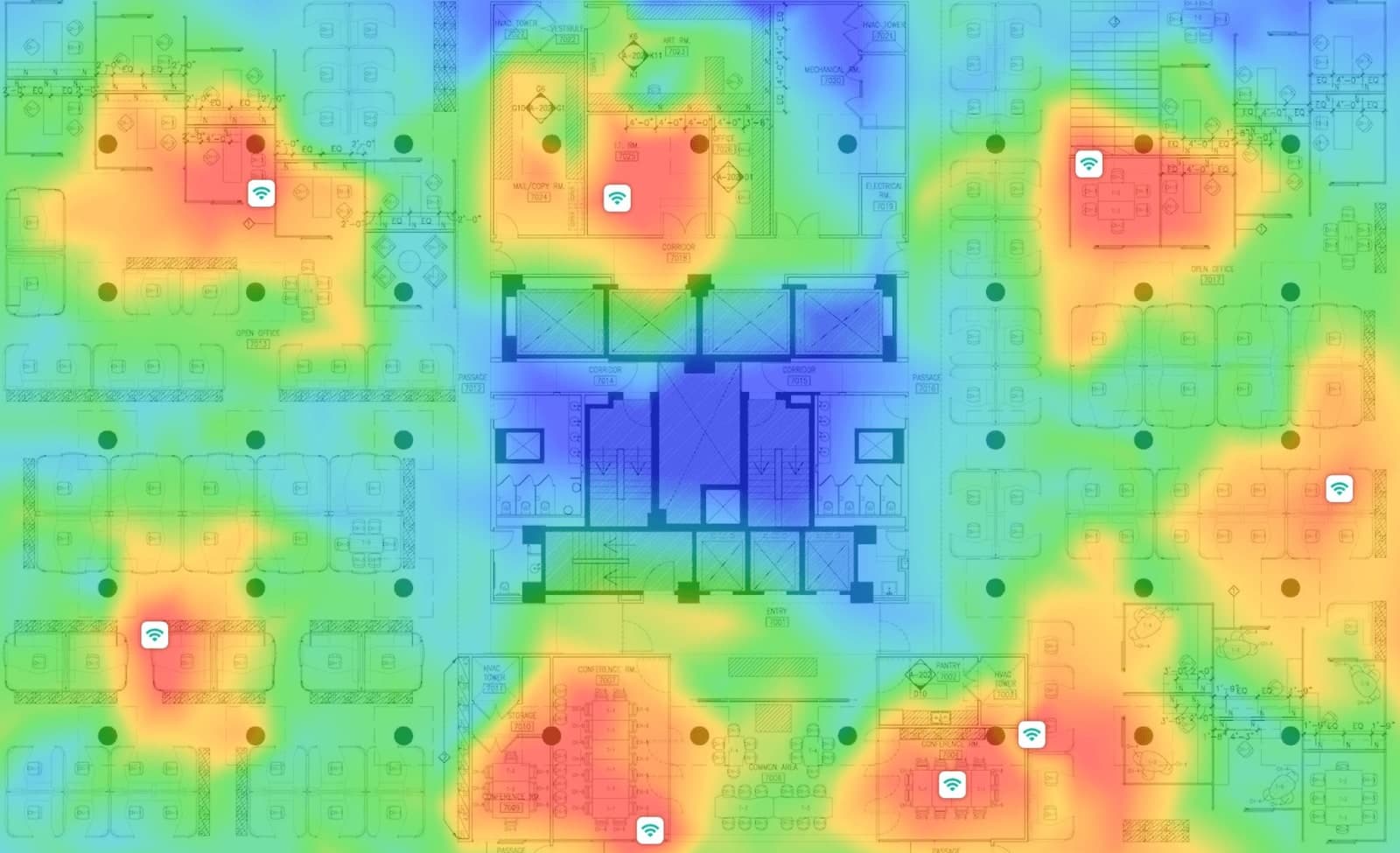 NetSpot 5GHz heat map of the organization's NYC headquarters showing wireless signal coverage