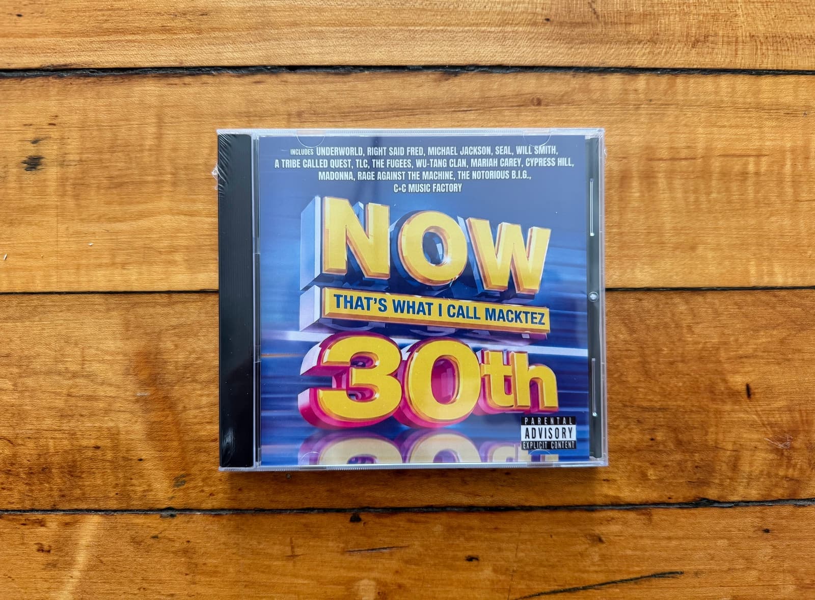 The “NOW That’s What I Call Macktez 30th” mock CD case, a parody of the Now That’s What I Call Music compilation series