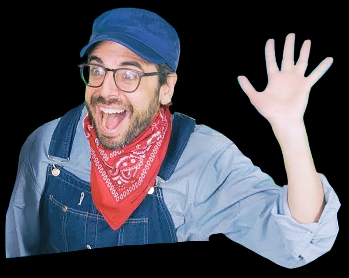 Daniel Shiffman in overalls and red bandana, the "Coding Train" persona