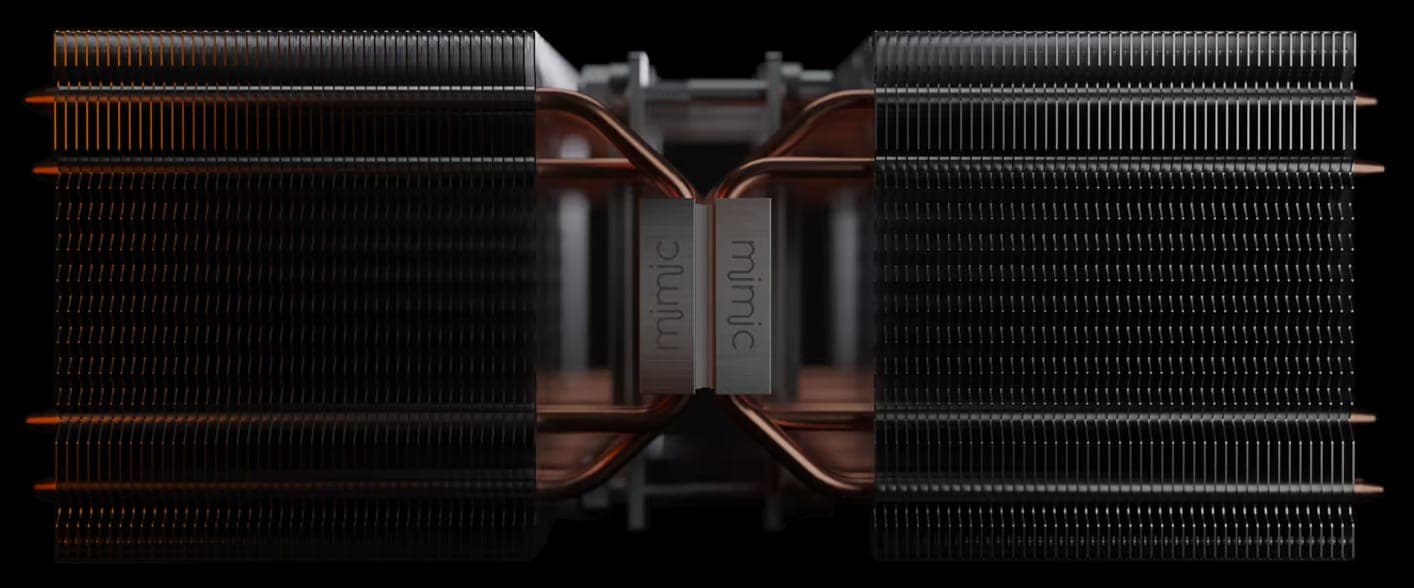 Close-up render of a MIMiC solid-state thermoelectric device with copper heat pipes and aluminum fins