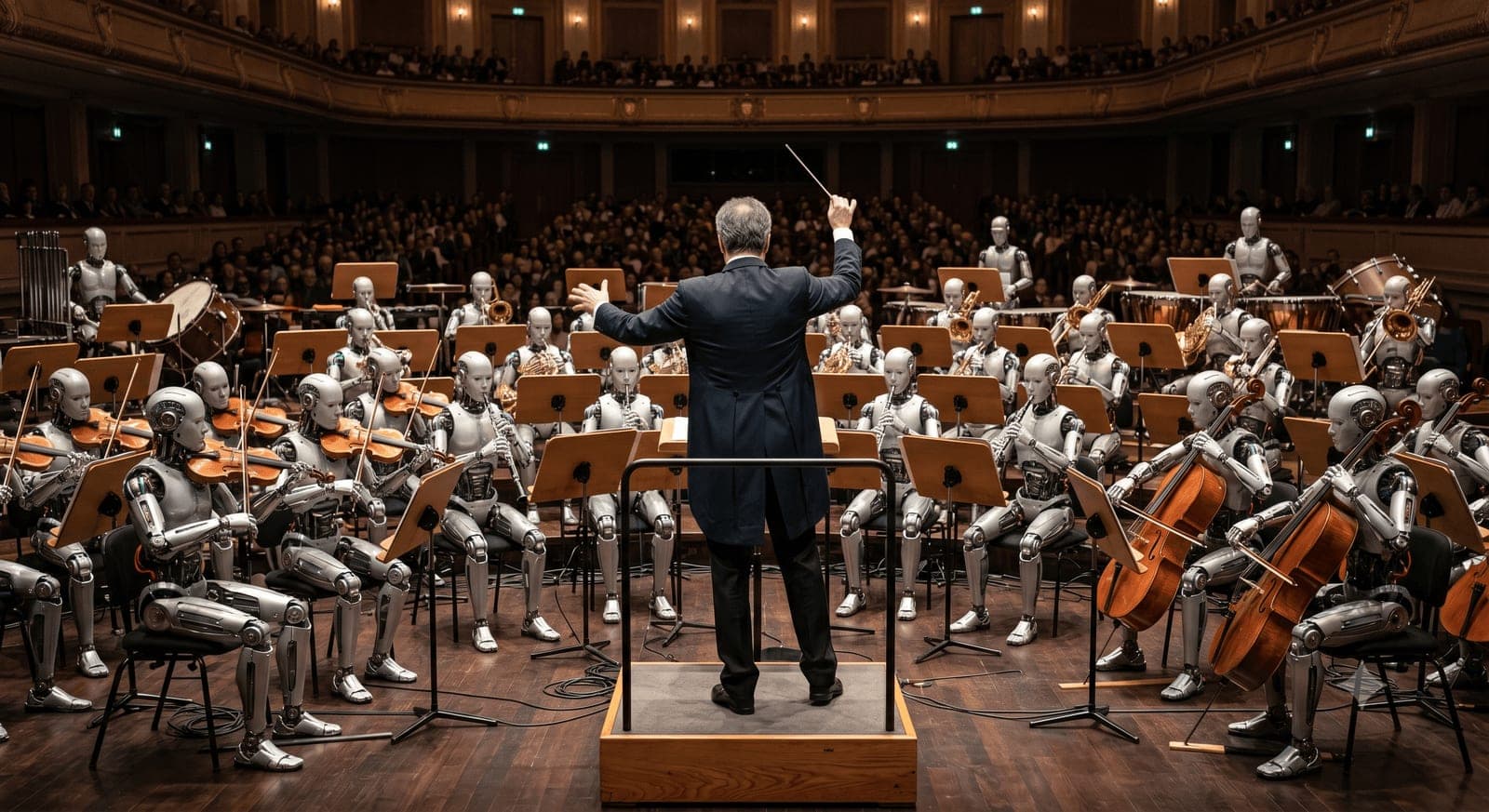 A human conductor leading an orchestra of humanoid robots — orchestrating AI agents across the business.