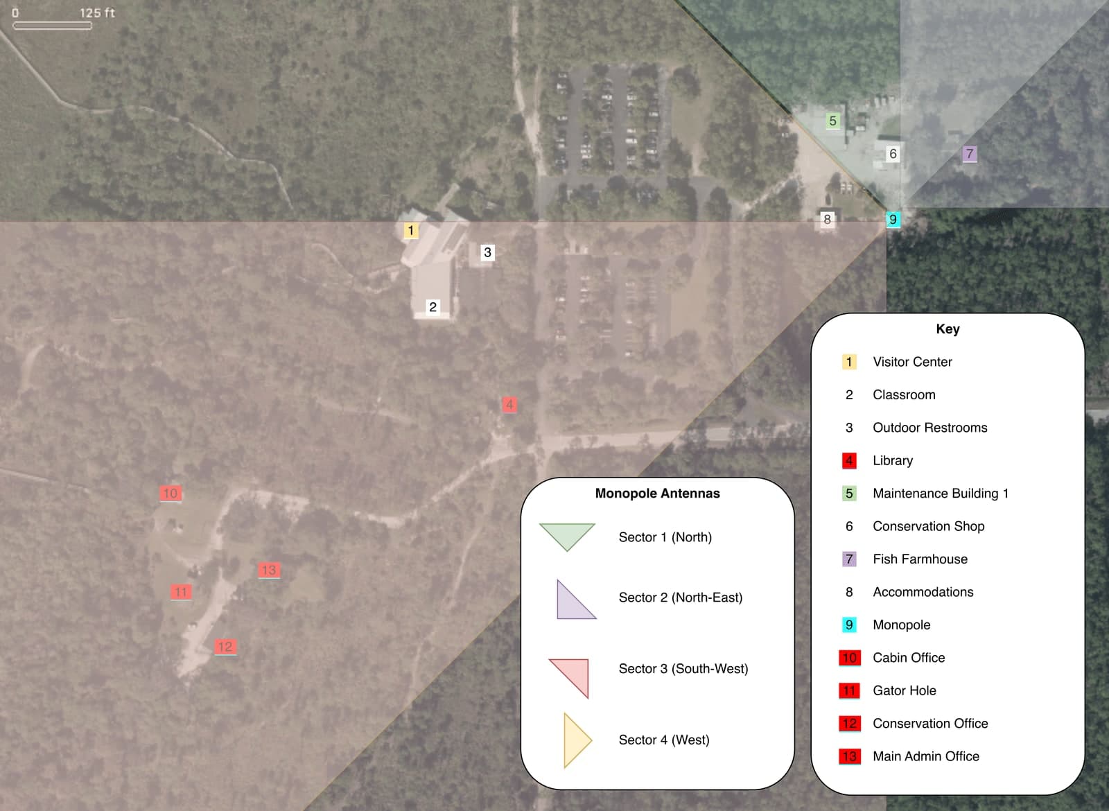 Site map of the preserve showing campus buildings and wireless coverage