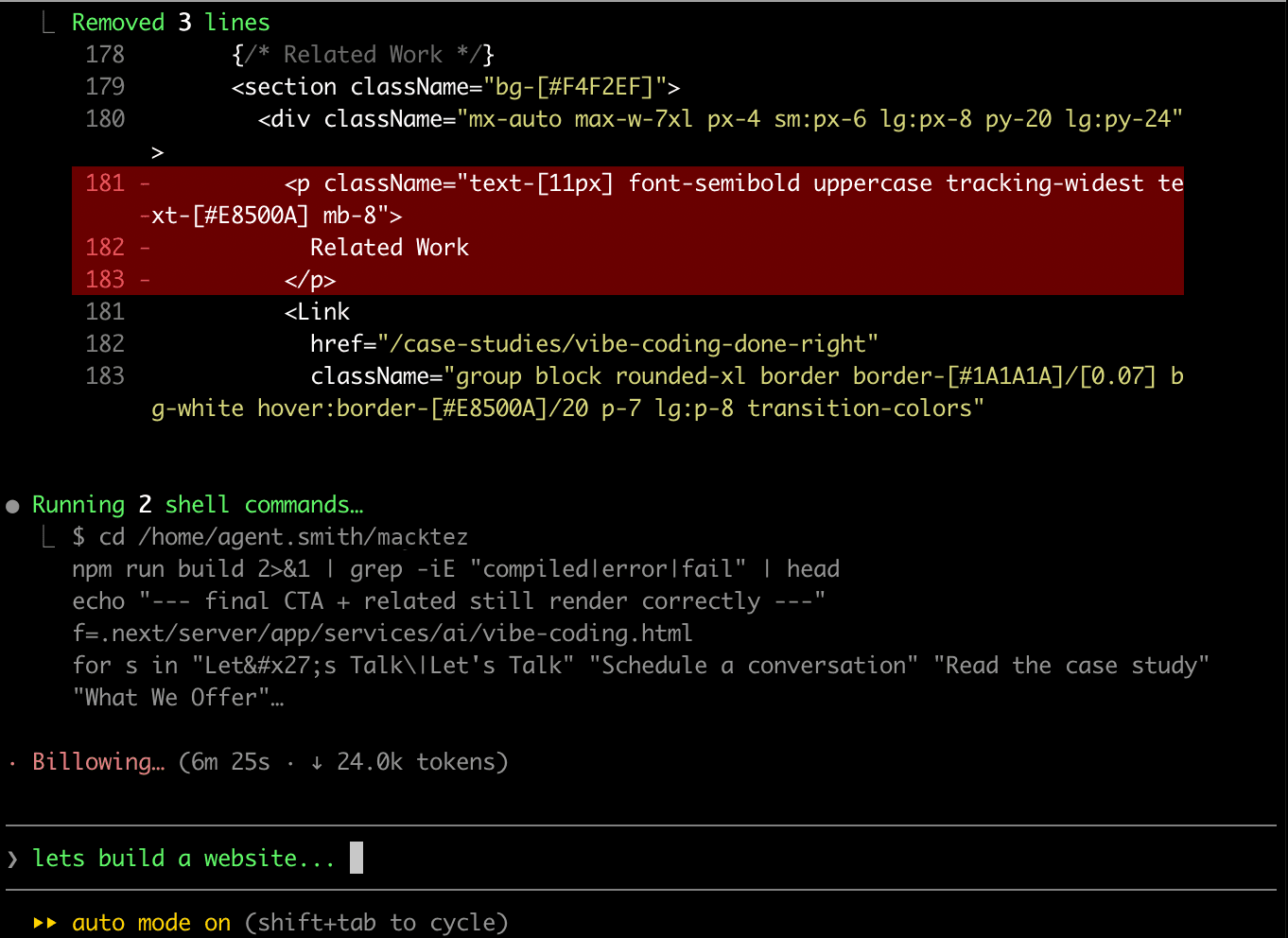 An AI-assisted development session building macktez.com — code edits alongside a live terminal build running in Claude Code.