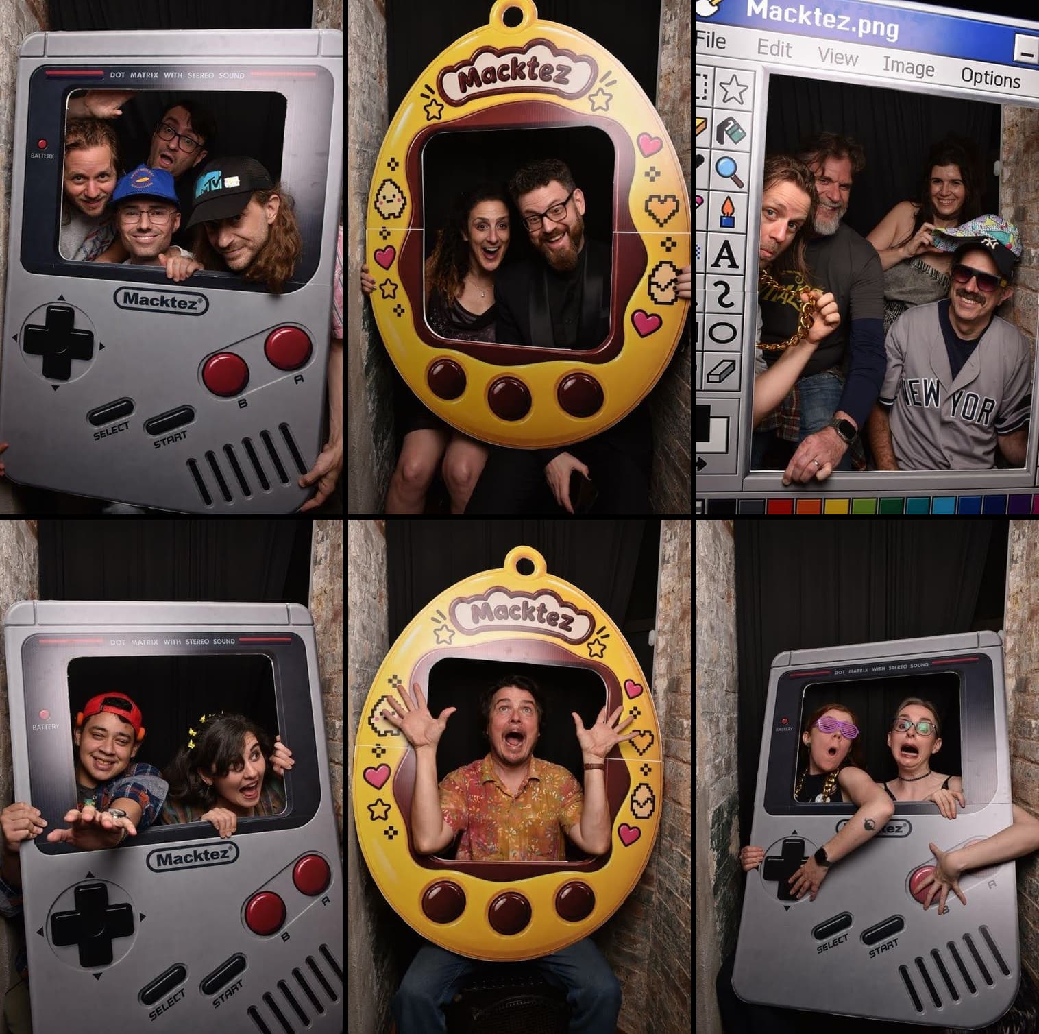A grid of six photos from the Macktez photo booth: guests posing inside oversized Game Boy, Tamagotchi, and MS Paint-themed frames