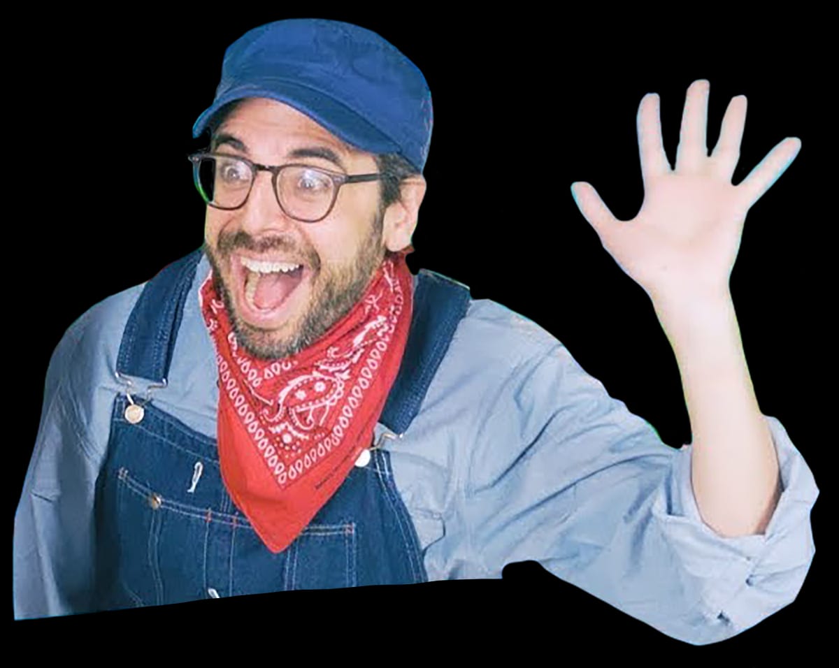 Daniel Shiffman in overalls and red bandana, the "Coding Train" persona
