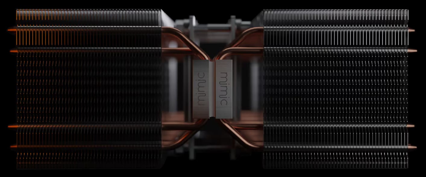 Close-up render of a MIMiC solid-state thermoelectric device with copper heat pipes and aluminum fins